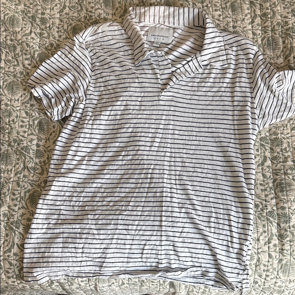 Paper Denim & Cloth White Polo with Navy Stripe